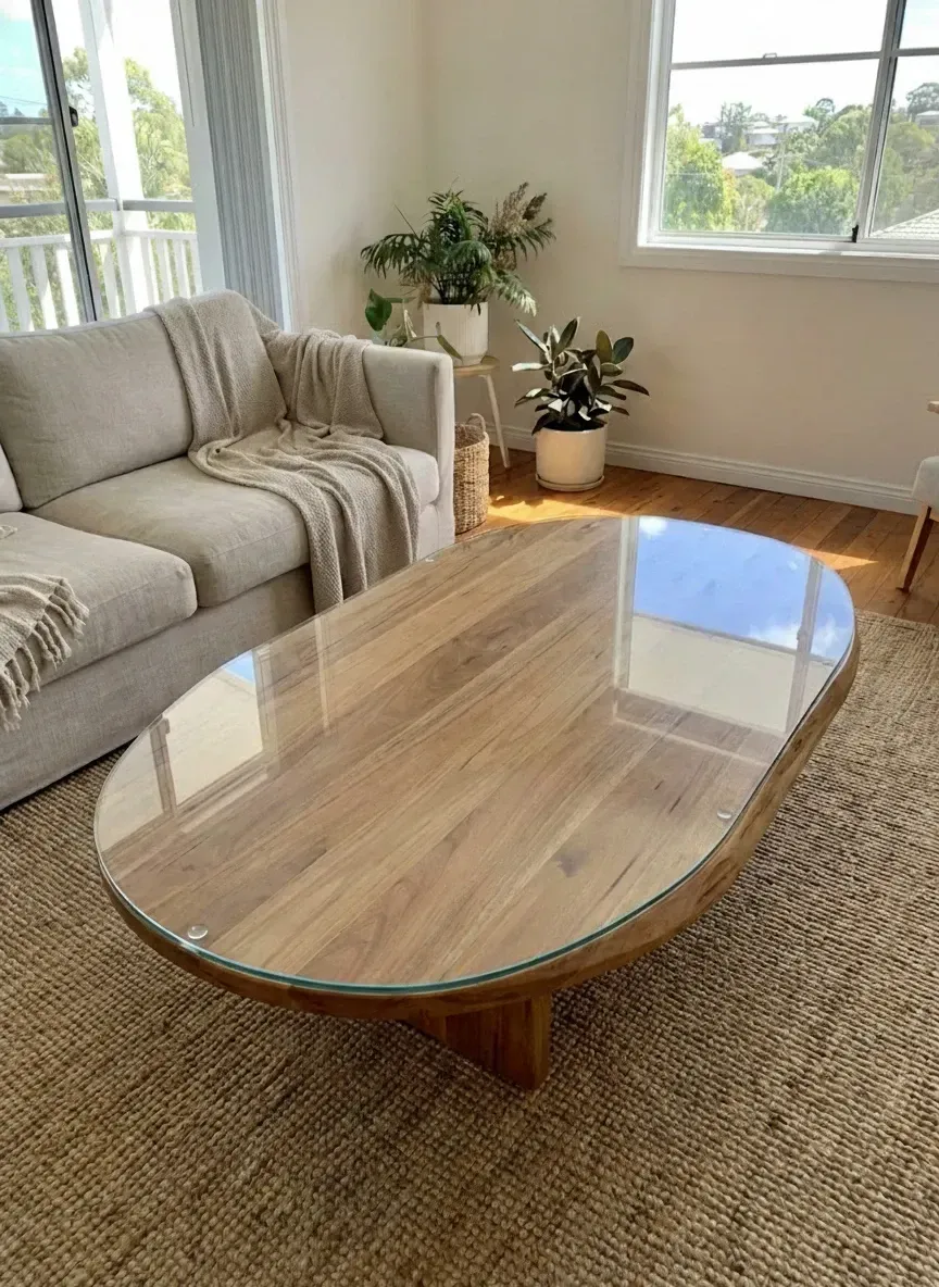 round coffee table with custom cut glass top in Brisbane living room