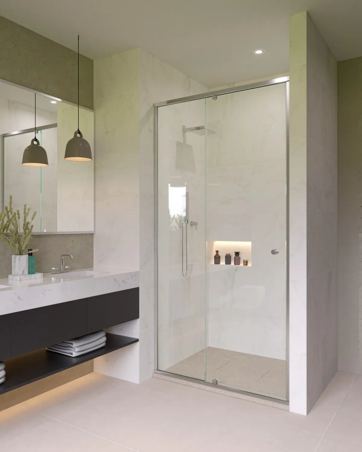 semi frameless telescopic shower screen installed on tiled bathroom floor