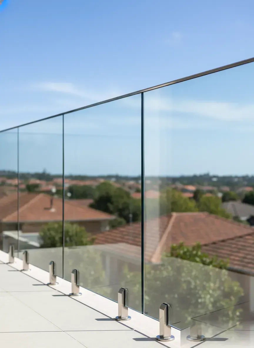 Frameless glass balustrade on modern balcony.